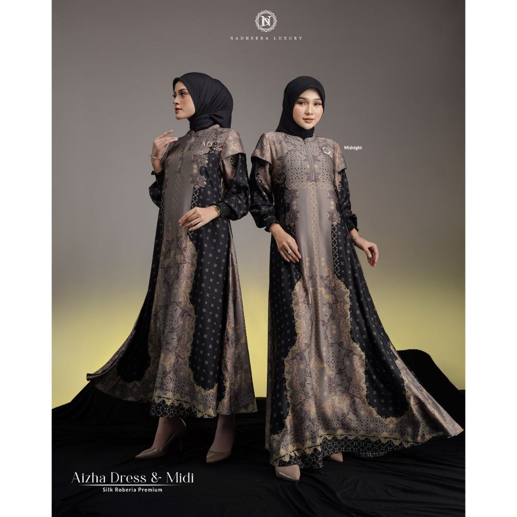 AIZHA SERIES MIDI DAN DRESS by Nadheera Luxury Ori Terbaru COD  Gamis Silk Roberia Premium Gamis Mot