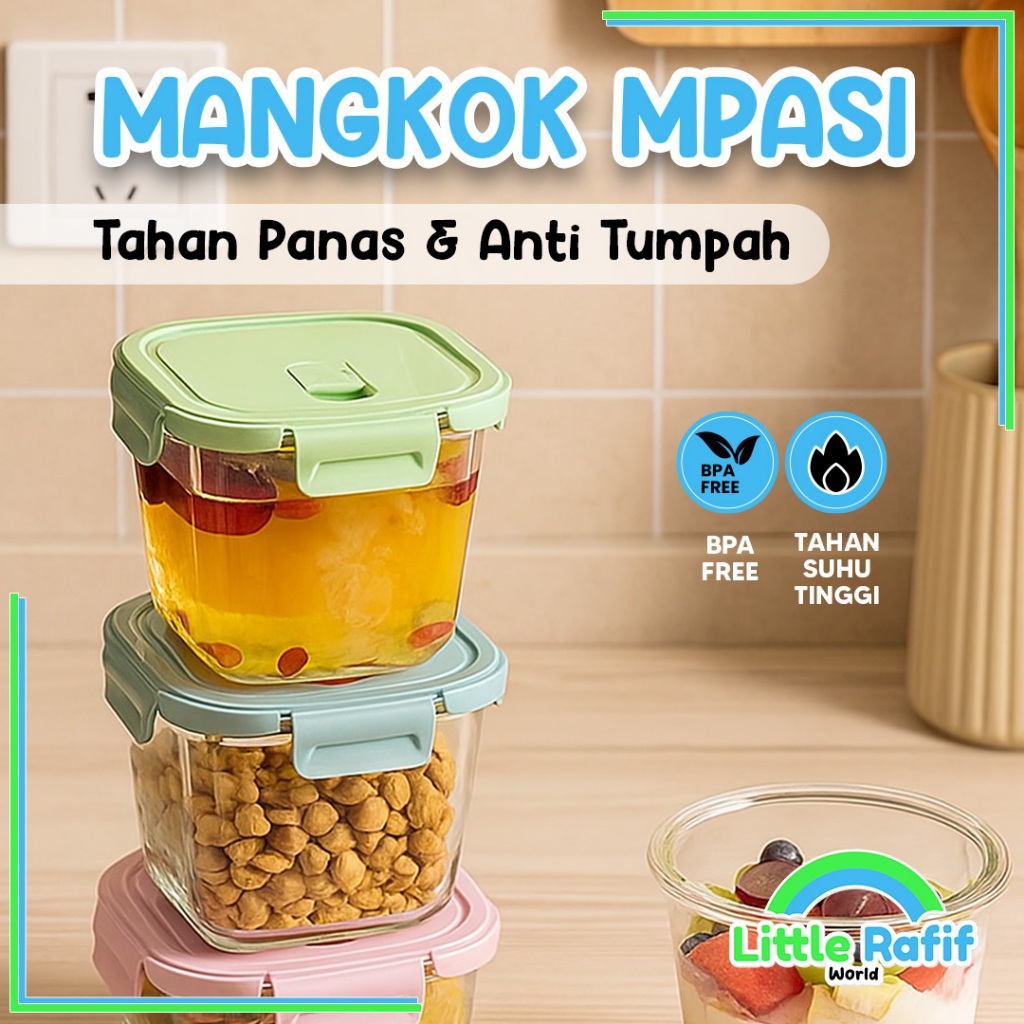 Tempat MPASI Kaca Tempat Makan Bayi Anti Tumpah Kontainer Wadah Snack Mpasi Tahan Panas Microwave Pe