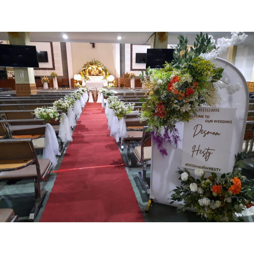 Dekorasi Gereja pemberkatan pernikahan (backdrop bulat + 4 standing flower)