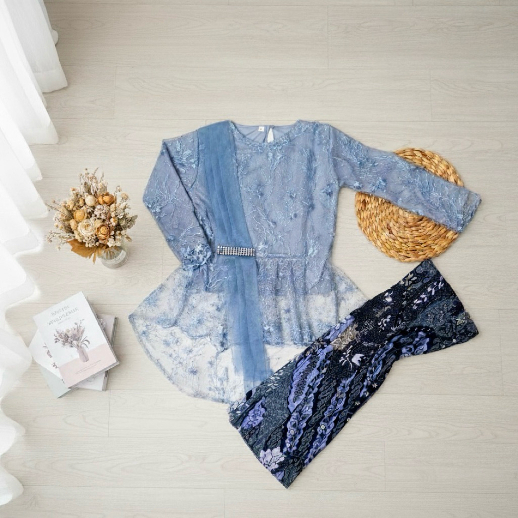 SETELAN KEBAYA ANAK PEREMPUAN MODERN STYLE SELENDANG AURORA  ROK SPAN PLISKET UNTUK USIA 4 SAMPAI 14