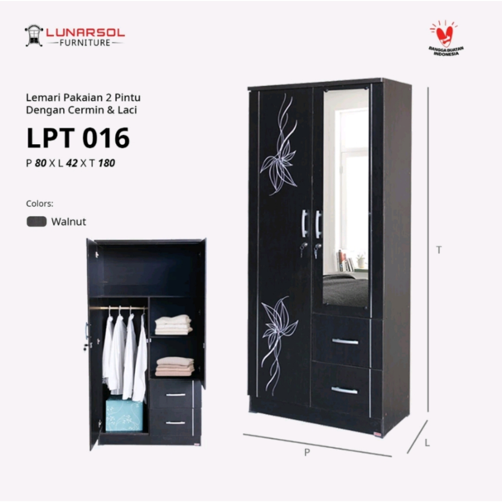 Lemari Pakaian Lunarsol 2 Pintu Kaca Kayu Minimalis