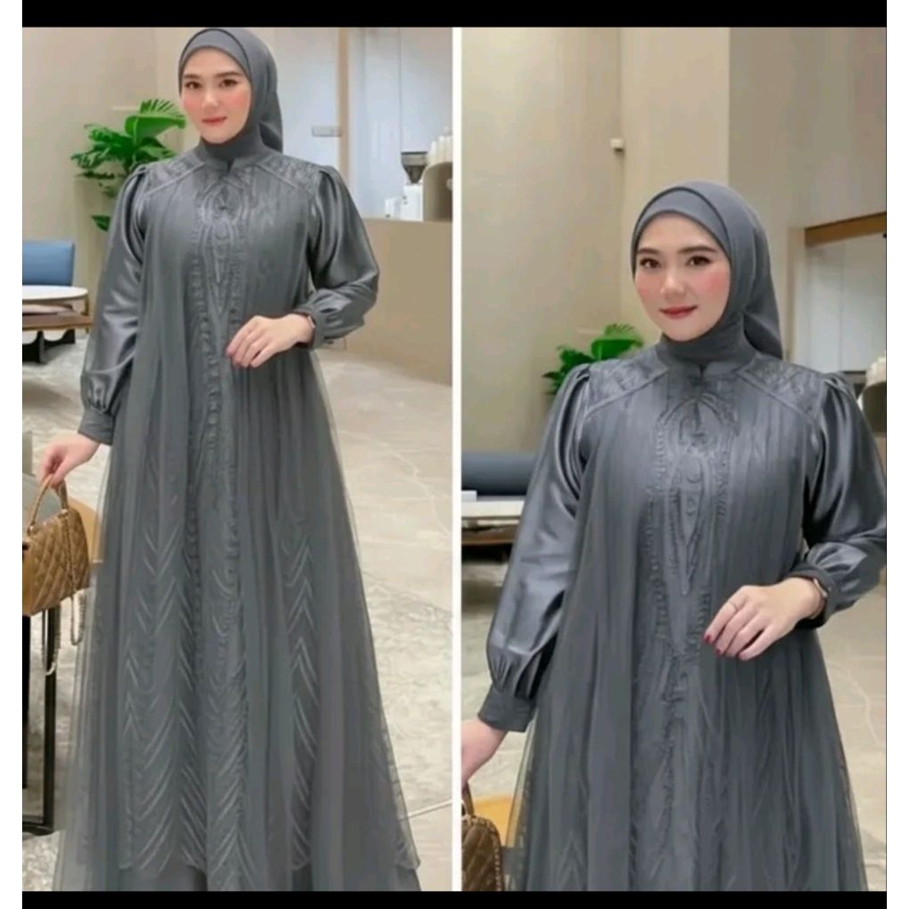 Lidiya gamis brukat mix tile bahan satin slik