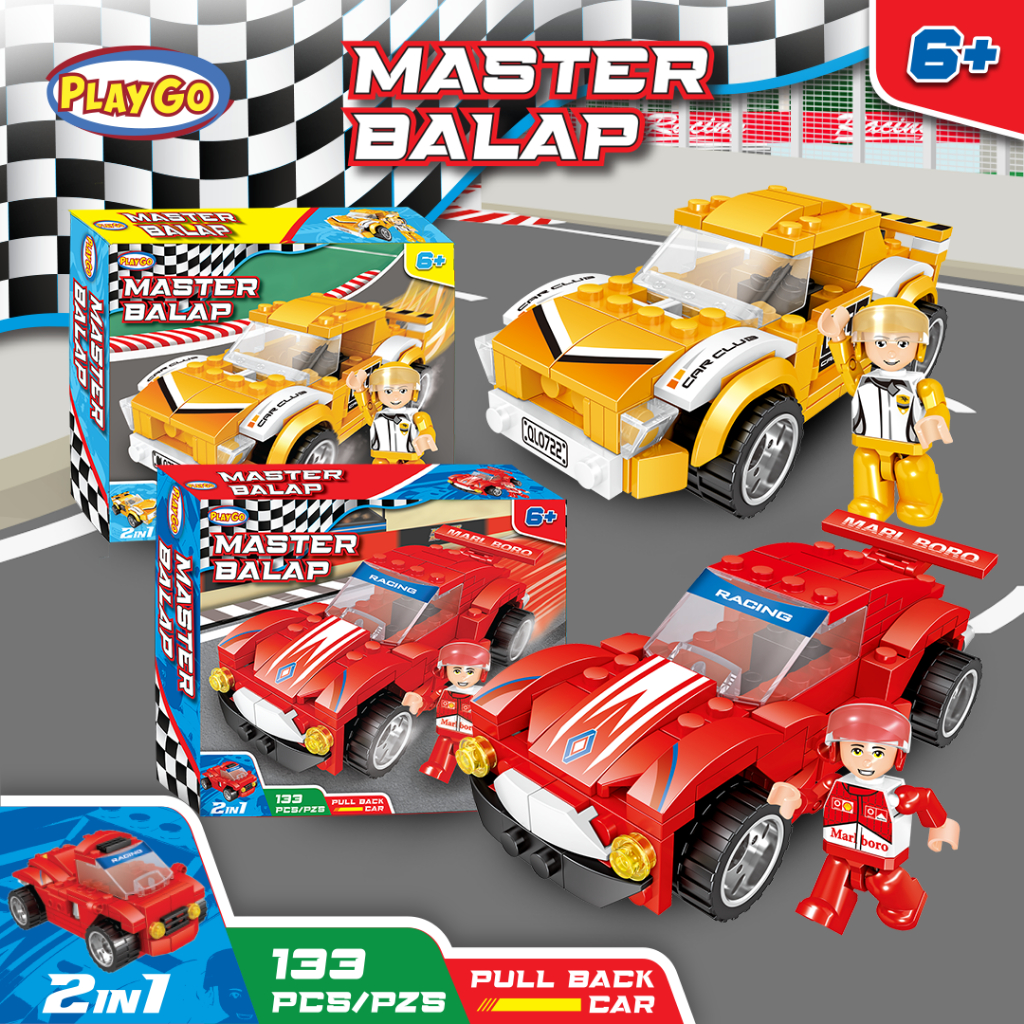 Toko Mainan PlayGo Master Balap Mobil Mainan Pullback Car Toys Blocks Bricks Mainan Rakitan Bongkar 