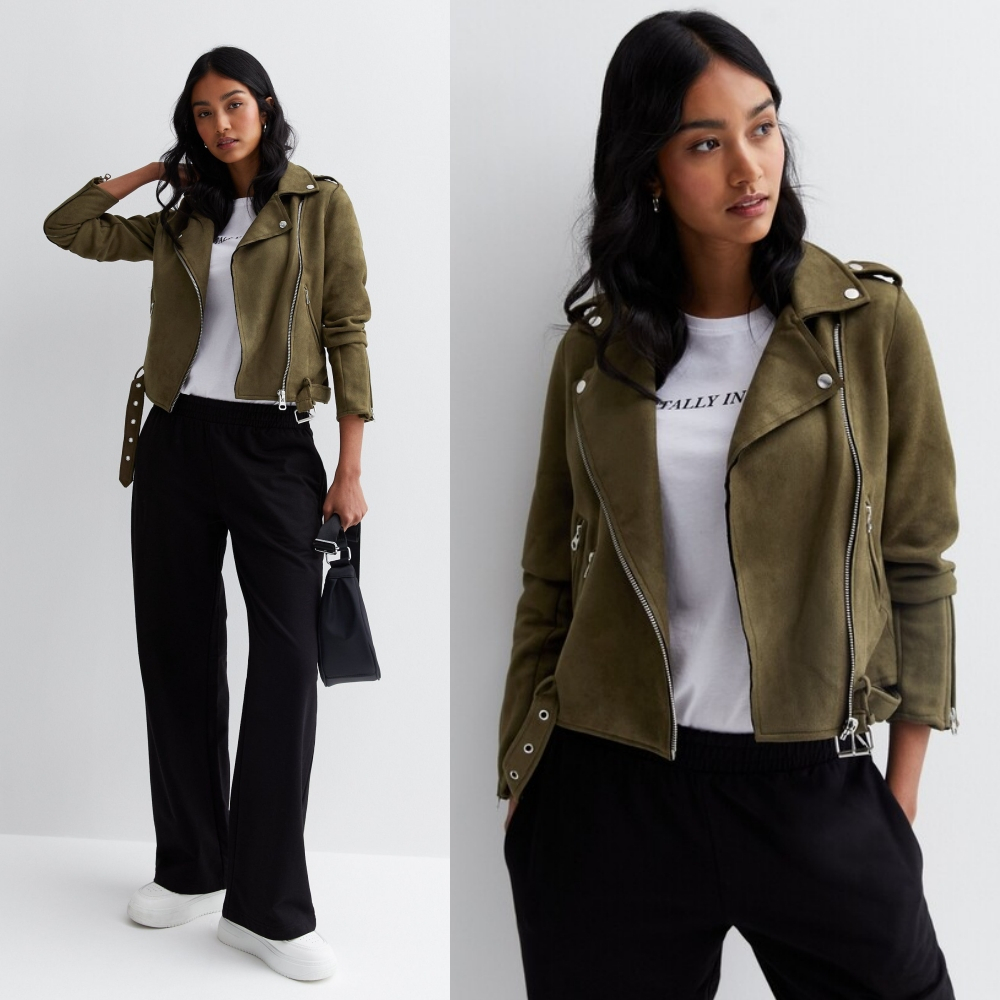 MANGO Sunshine Soul Dark Green Suedette Biker Jacket [vyloved preloved]