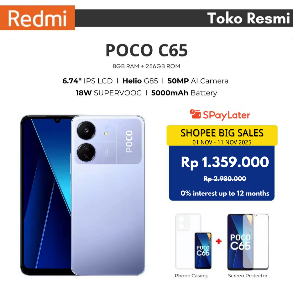 ASLI & BARU POCO C65 5G | Helio G85 | Kamera 50MP AI |RAM 8GB + ROM 256GB | NFC | Harga Murah