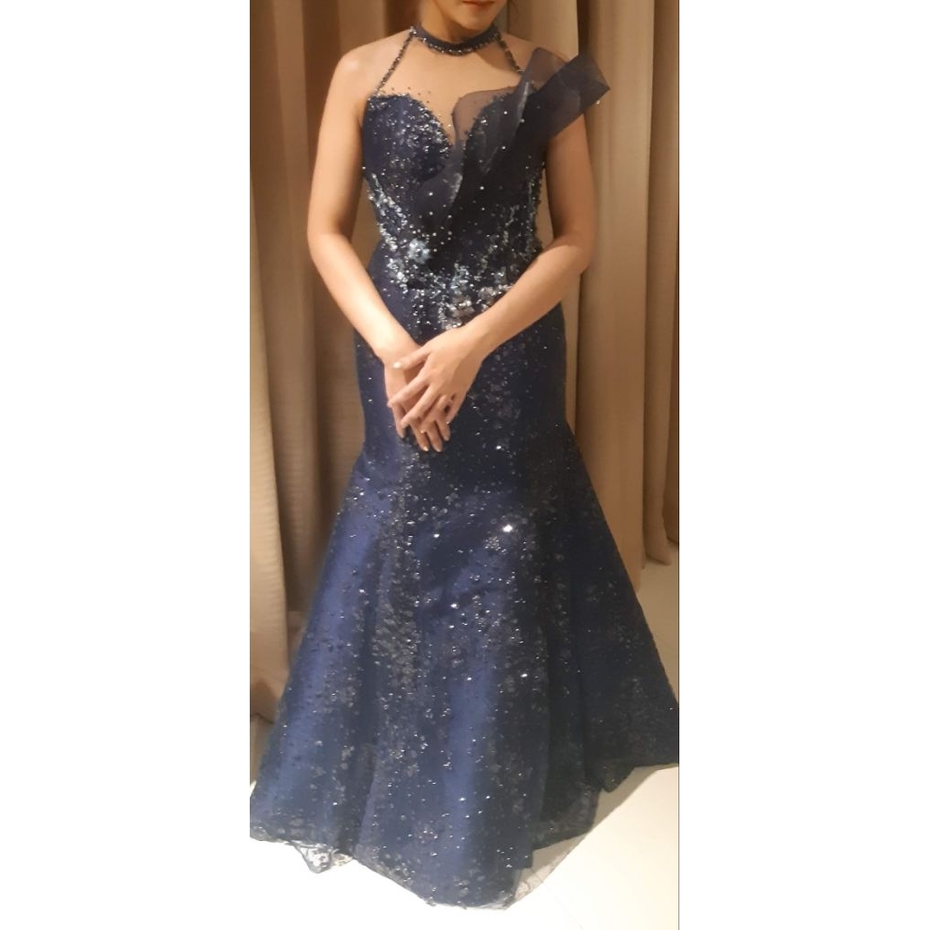 gaun pesta navy mermaid halterneck full gliter preloved