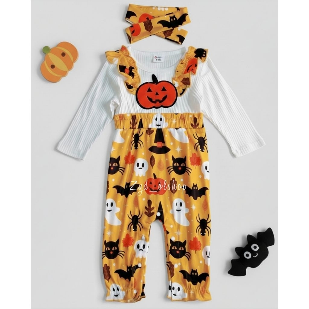 Sleepsuit buka kaki + Bandana tali Patpat bayi perempuan 6-9M | Patpat Sleepsuit Hallowen bayi perem