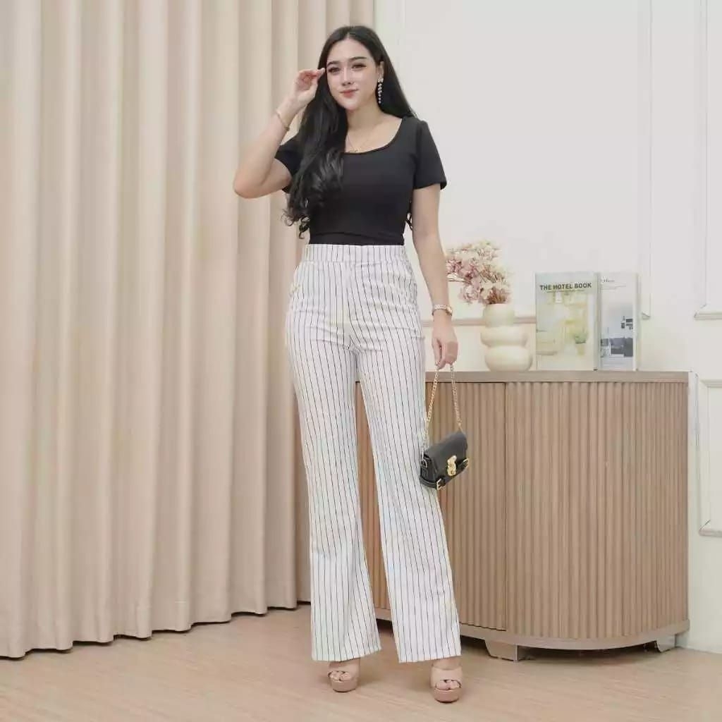 Flare Pants Stripe Bangkok Celana Semi Cutbray Salur Premium Cutbray Highwaist Pants