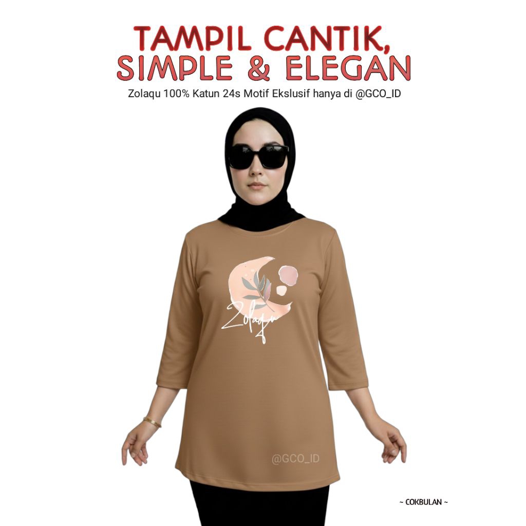 Semitunik Zolaqu Original Wanita Terbaru 2025 Motif Ekslusif | Kaos T-shirt Coklat Bulan Lengan Panj