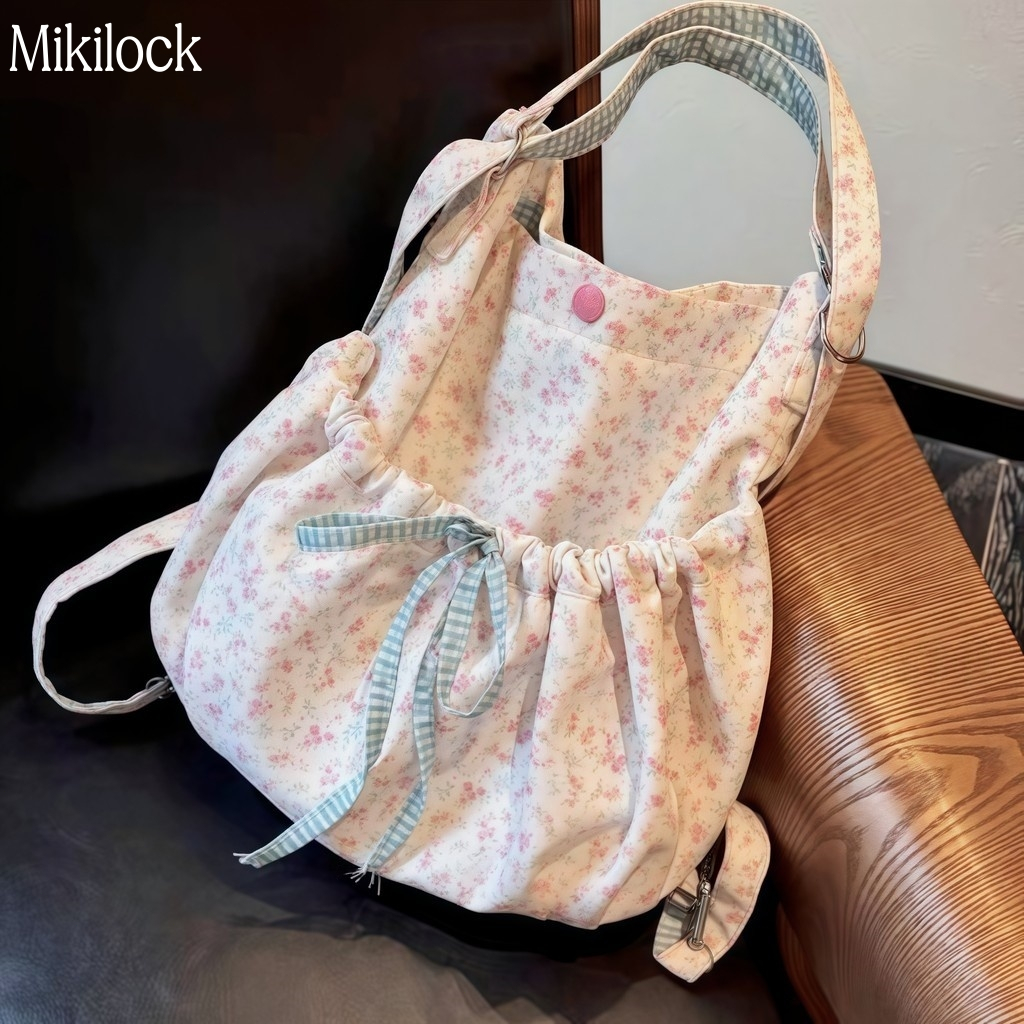 MikilockTas Kanvas Bunga Tas Ransel Mini Motif Korea Tas Sekolah SMA Tas Sekolah Aesthetic lucu Wani