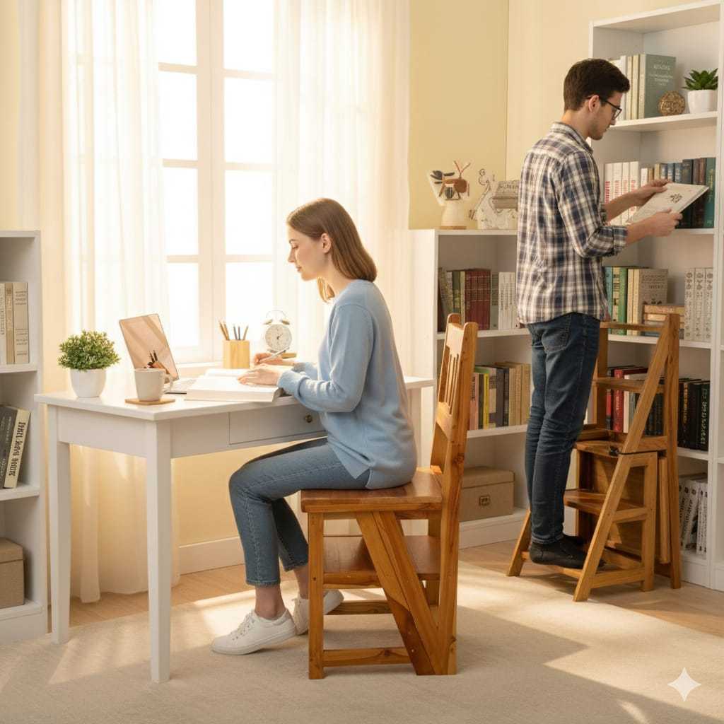 Tangga Gudang Bangku Lipat Lemari Dapur Kokoh Kuat Kayu Jati Multifungsi Tinggi Minimalis