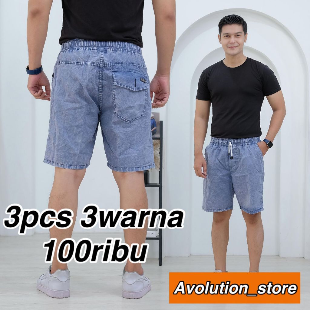 3pcs celana pendek pria dewasa jeans pinggang karet elastis | celana pendek cowok | boardshort