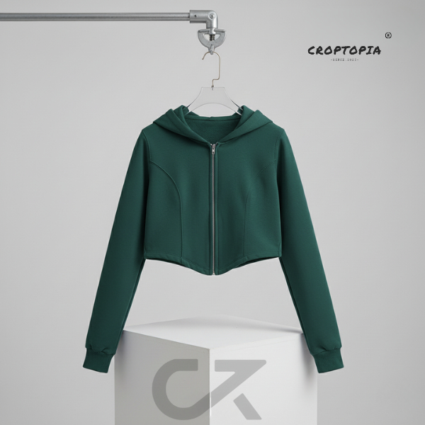 Nilapadmi Hoodie Crop Hijau Botol Atasan Wanita Lengan Panjang