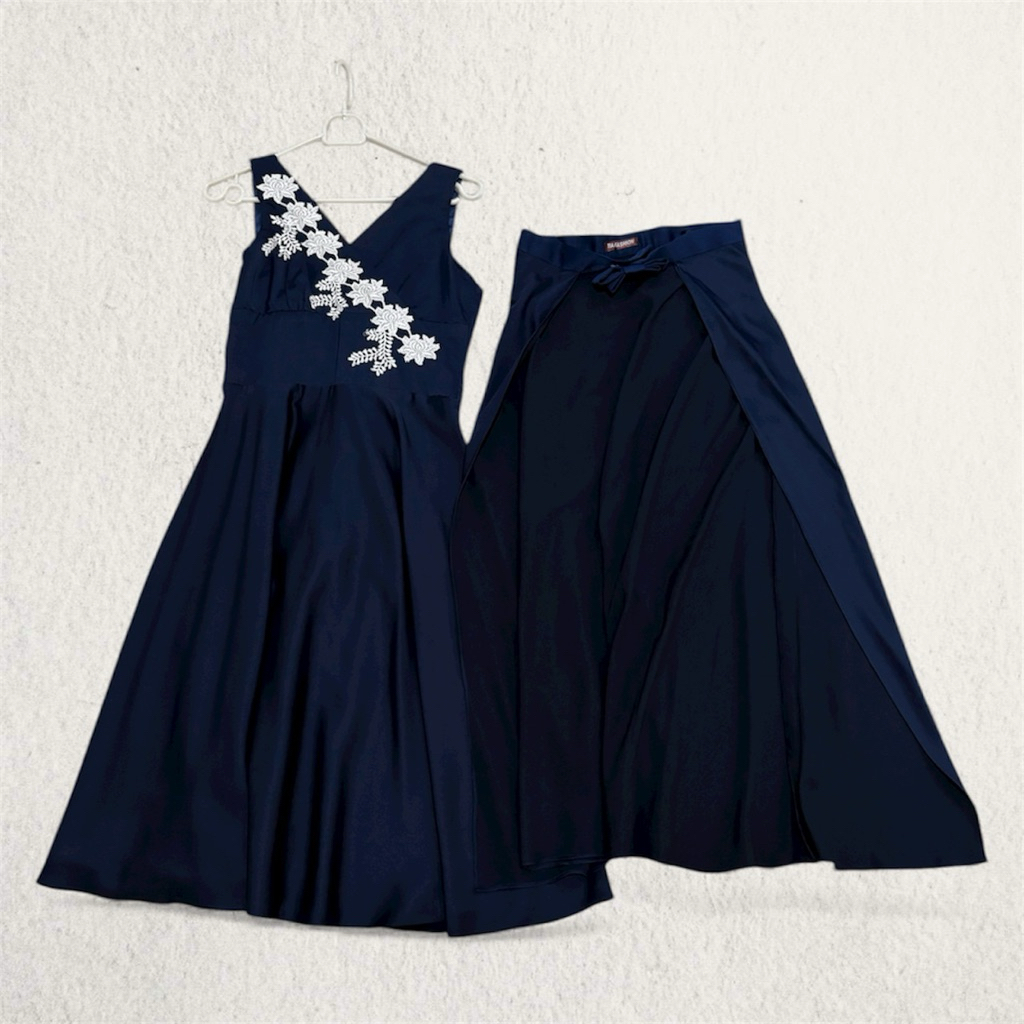 Gaun Satin Wanita / Dress Pesta Navy Blue Biru Gelap / Party Dress Satin Polos