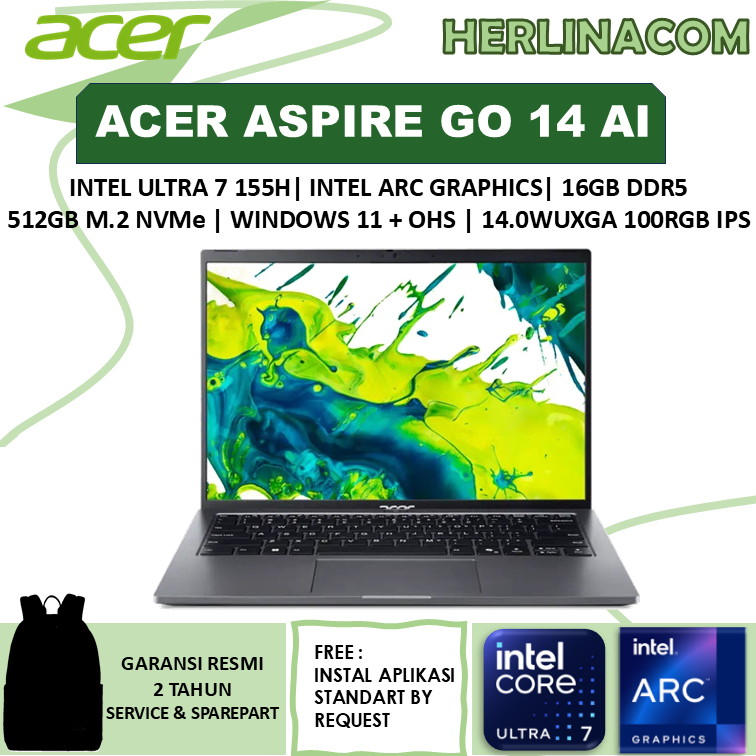 Laptop Acer Aspire Go 14 AI Intel ULTRA 7 155H 16Gb 512Gb Win 11+ OHS IPS