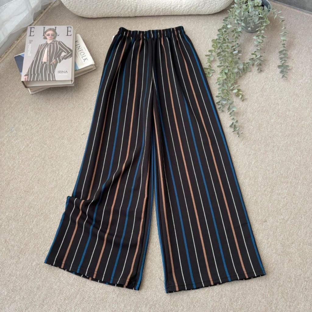 KULOT CREPE SALUR model terbaru kekinian celana panjang wanita dengan desain garis warna warni