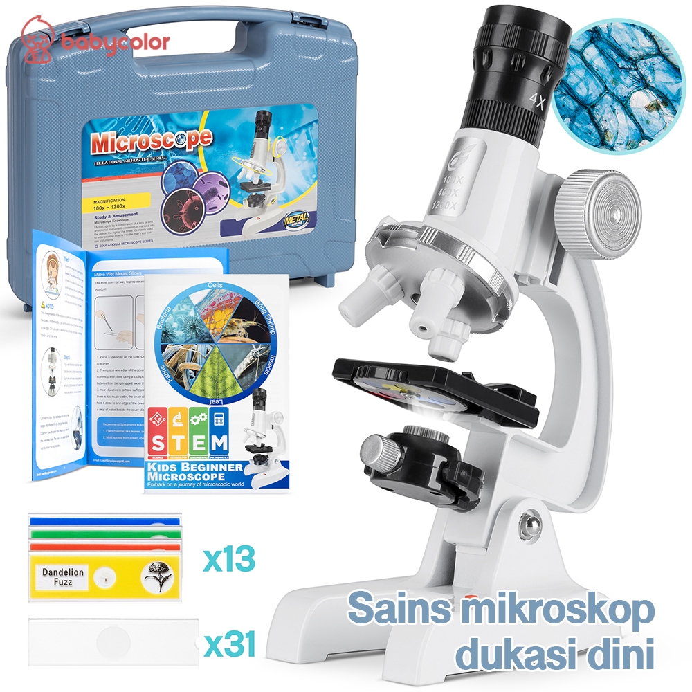 BABYCOLOR 58PCS Mikroskop Kit 100X-1200X LED Sains Mikroskop Dukasi Dini Premium Kit Mainan Untuk An
