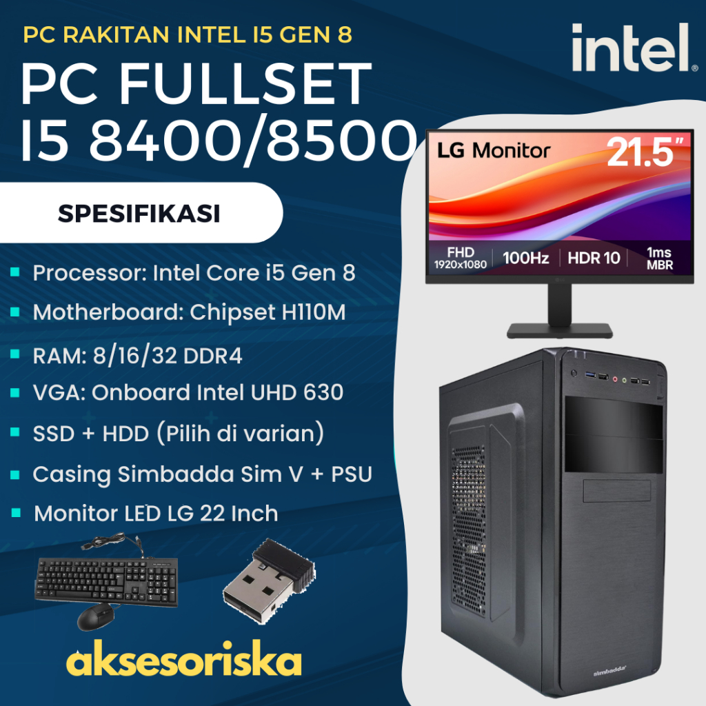 PAKET LENGKAP PC RAKITAN KOMPUTER KANTOR Intel Core i5 8500 MONITOR LED LG 22" PC Rakitan i5 Gen 8 F