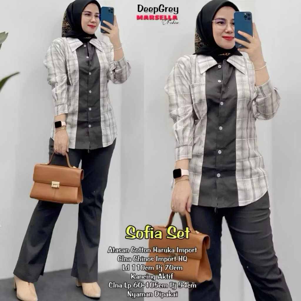 Alda Set setelan wanita atasan kemeja Katun import + celana chinos premium