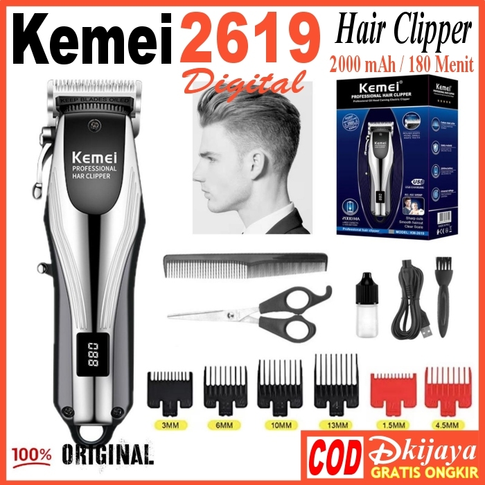 Kemei 2619 ORIGINAL Hair CLIPPER KM-2619 Alat Cukur Rambut Cas Baterai 2000 mAh KM2619 SILVER