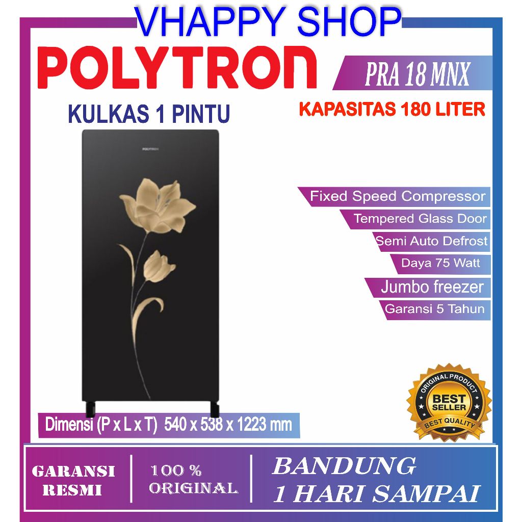 POLYTRON Kulkas 1 Pintu PRA 18 MNX 180 Liter / Kulkas Polytron 1 Pintu Terbaru Belleza Garansi Resmi