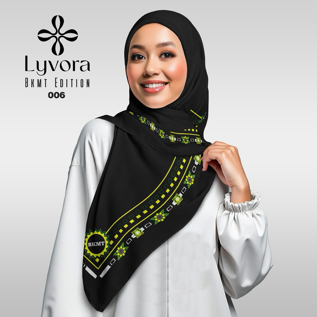 Jilbab BKMT - 006 Hitam - Hijab Voal Premium Lyvora - Segi Empat Adem, Laser Cut, Zipper Bag