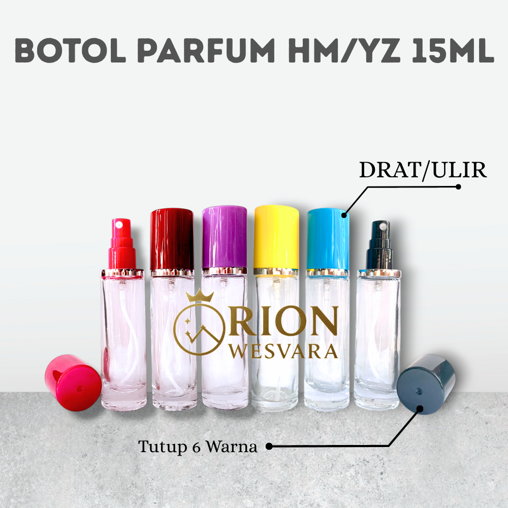 Botol Parfum HM 15ML Drat Ulir Warna Warni, Botol Parfum Kaca Kosong 15ML, Botol Refill Kosong