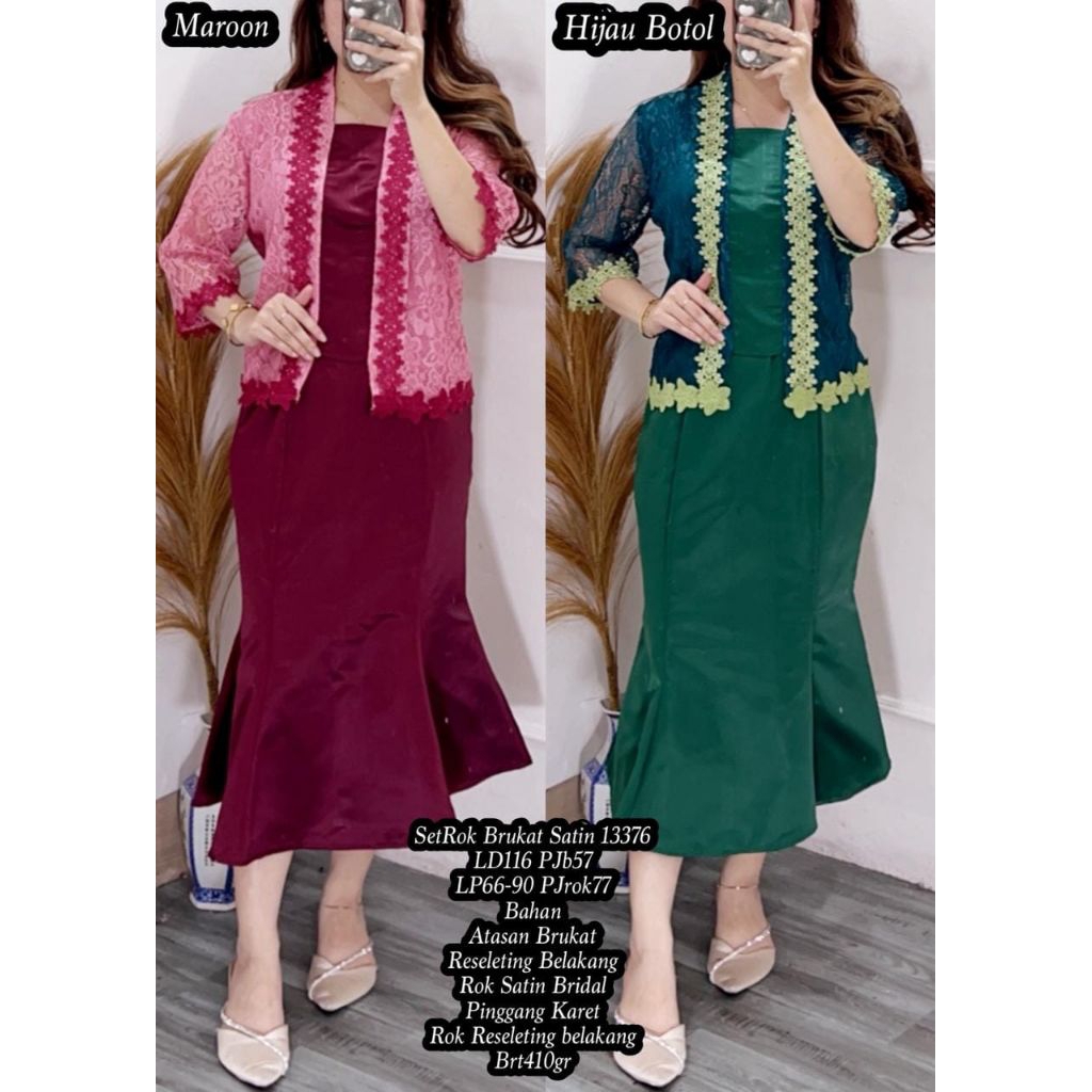 ONE SET 2 IN 1 BAJU KEBAYA DAN ROK BAHAN BROKAT DAN SATIN ROK PANJANG WARNA NAVY TERAKOTA HIJAU BITO