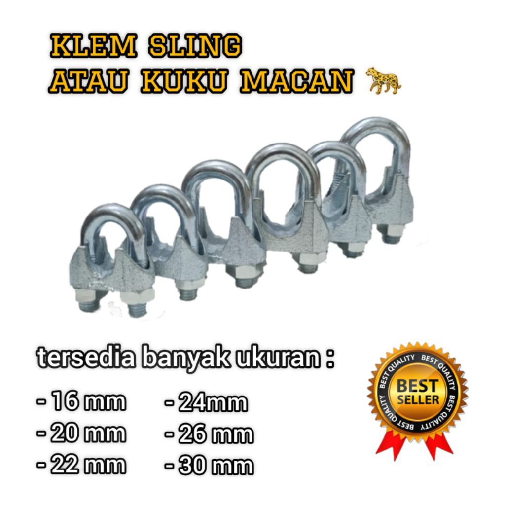 Klem Sling Kuku Macan Ukuran 16mm 20mm 22mm 24mm 26mm 30mm Clamp Seling Tali Kawat Baja Kabel Wire C
