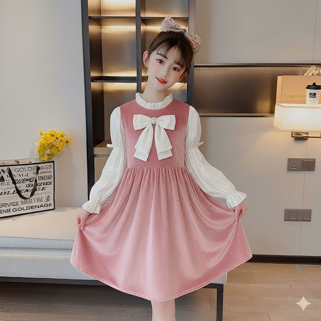Dress Premium Anak Perempuan Usia 1-4  Tahun | Baju Lengan Panjang Serut Kombinasi Dress Bludru Vari