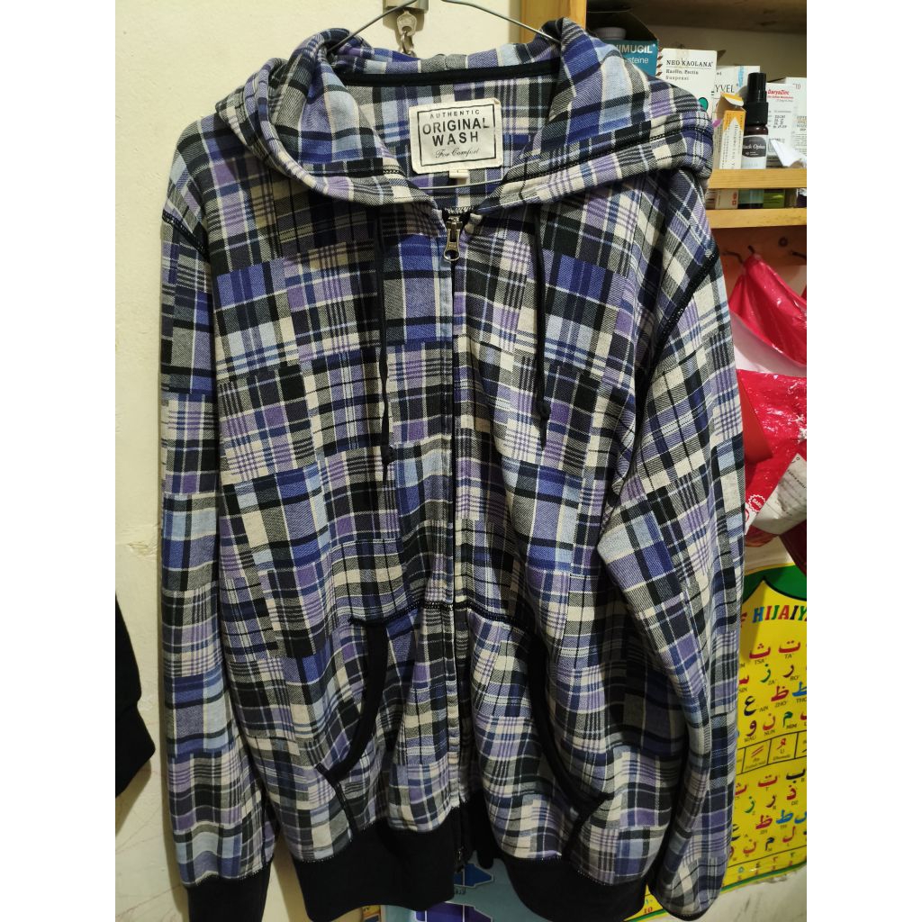 Hoodie Zipper Kemeja kotak tartan kupluk Uniqlo wear original