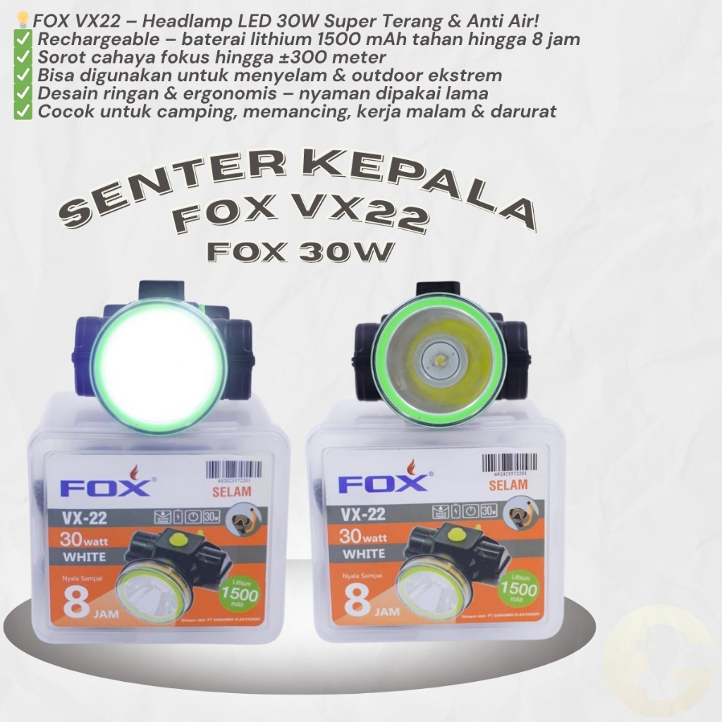 Senter Kepala LED FOX VX 22 – Headlamp Cas Rechargeable 30W Putih Terang, untuk Outdoor & Selam