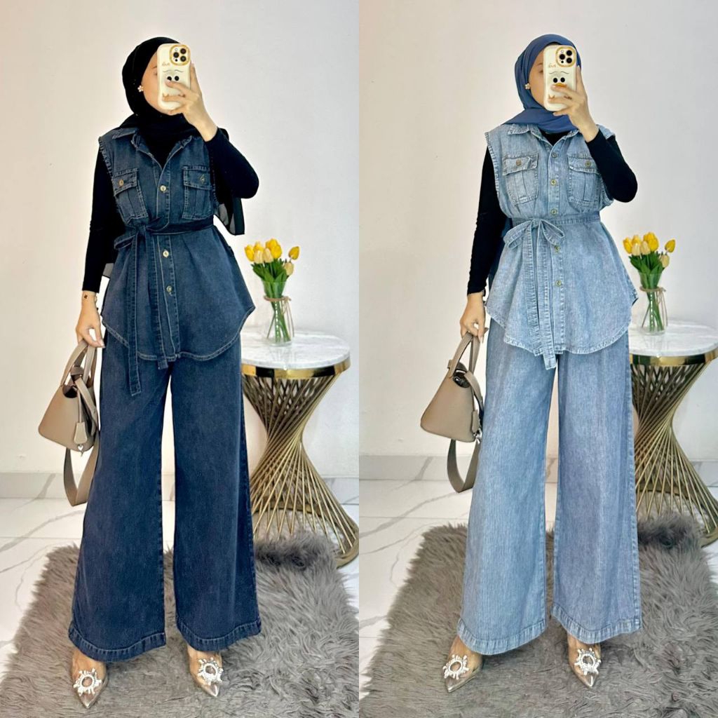 setelan nada 2in1 bahan jeans premium (free belt ) kekinian ootd cewe viral remaja dewasa celana kul
