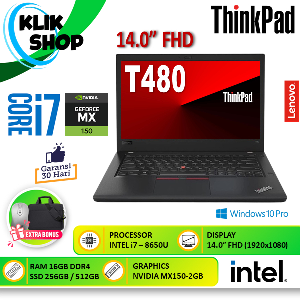 LENOVO THINKPAD T480 Intel i7 8650U 16GB 512GB SSD Nvidia MX150-2GB FHD Win10 Pro