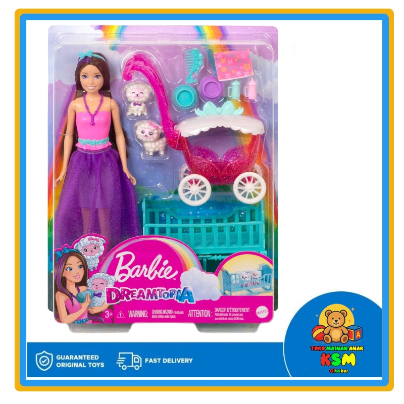 Barbie HLC29 Skipper Babysitter Playset – Boneka Rambut Cokelat Keriting dengan Bayi Domba, Stroller