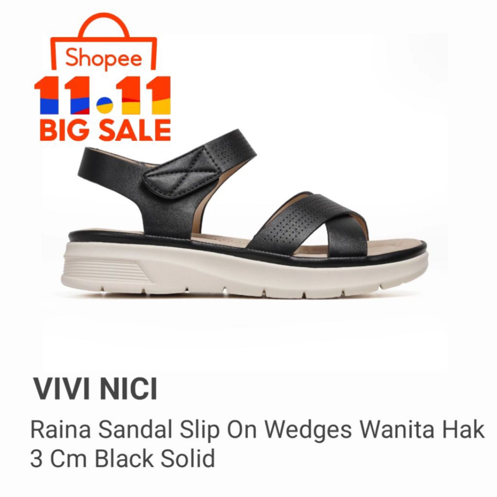 VIVI NICI - Raina Sandal Slip On Wedges Wanita Hak 3 Cm Black Solid