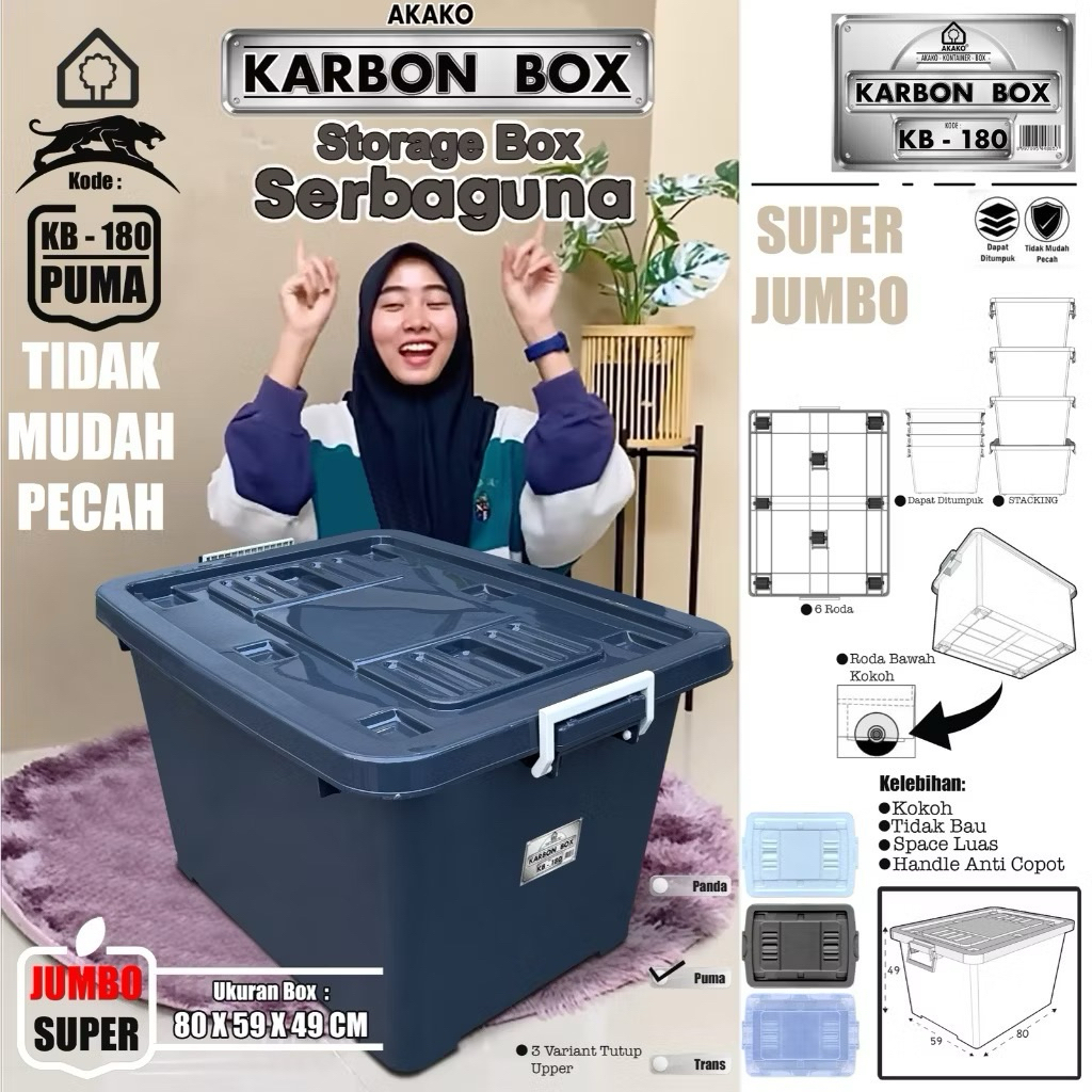Kontainer Container Box Plastik KARBON PUMA HITAM JUMBO BESAR RODA