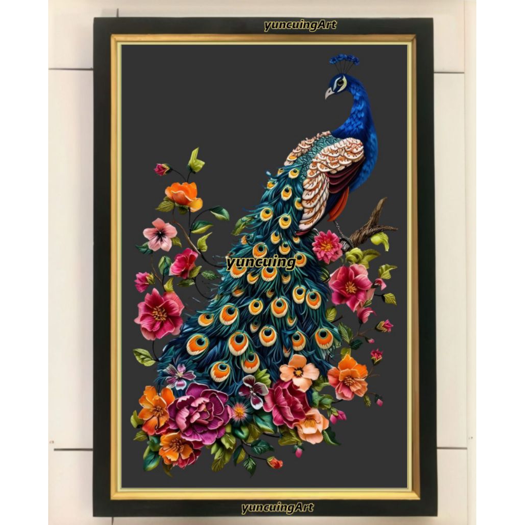 hiasan dinding poster burung merak plus bingkai ukuran 53*35