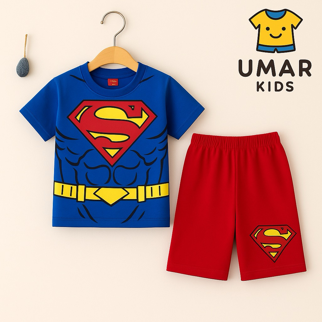UMMAR- BAJU SUPERMAN SAYAP LOGO / SETELAN SUPERMAN BIRU LENGAN PENDEK SAYAP