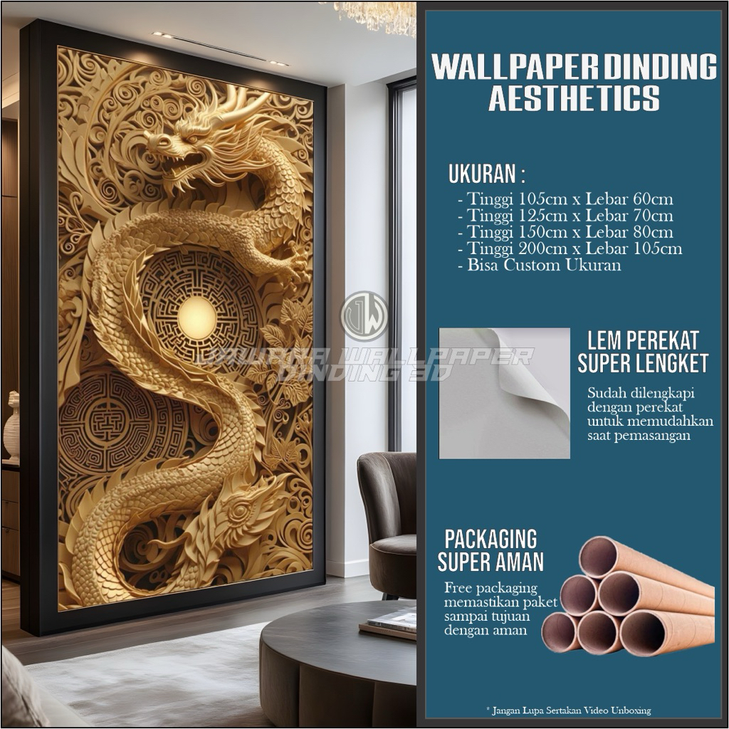 WALLPAPER DINDING 3D CUSTOM RELIEF NAGA DOMINAN WARNA EMAS