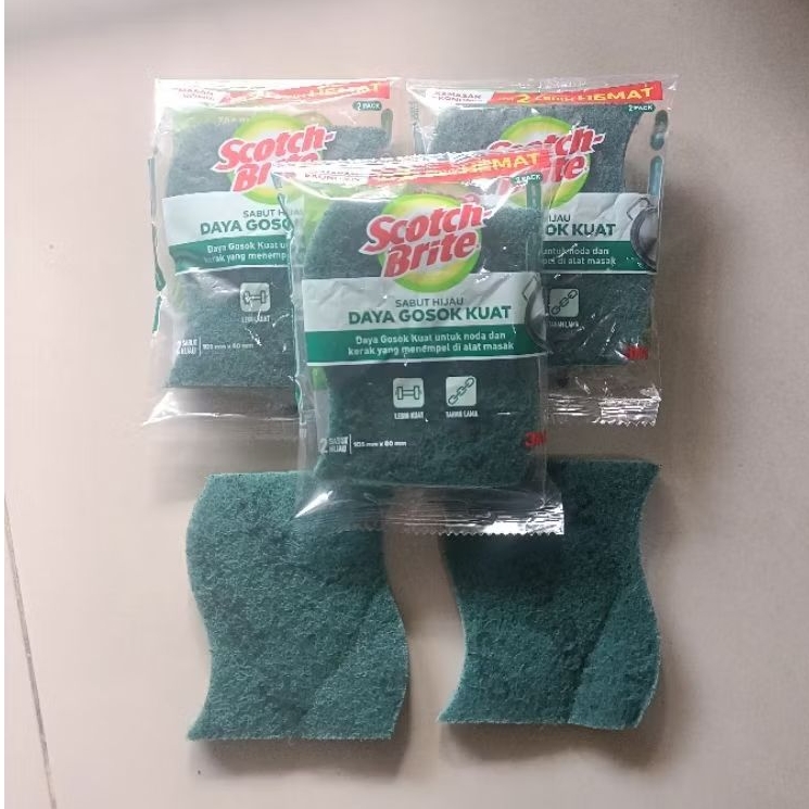 Scotch brite hijau - alat cuci piring sabut hijau 3M - isi 2 lembar
