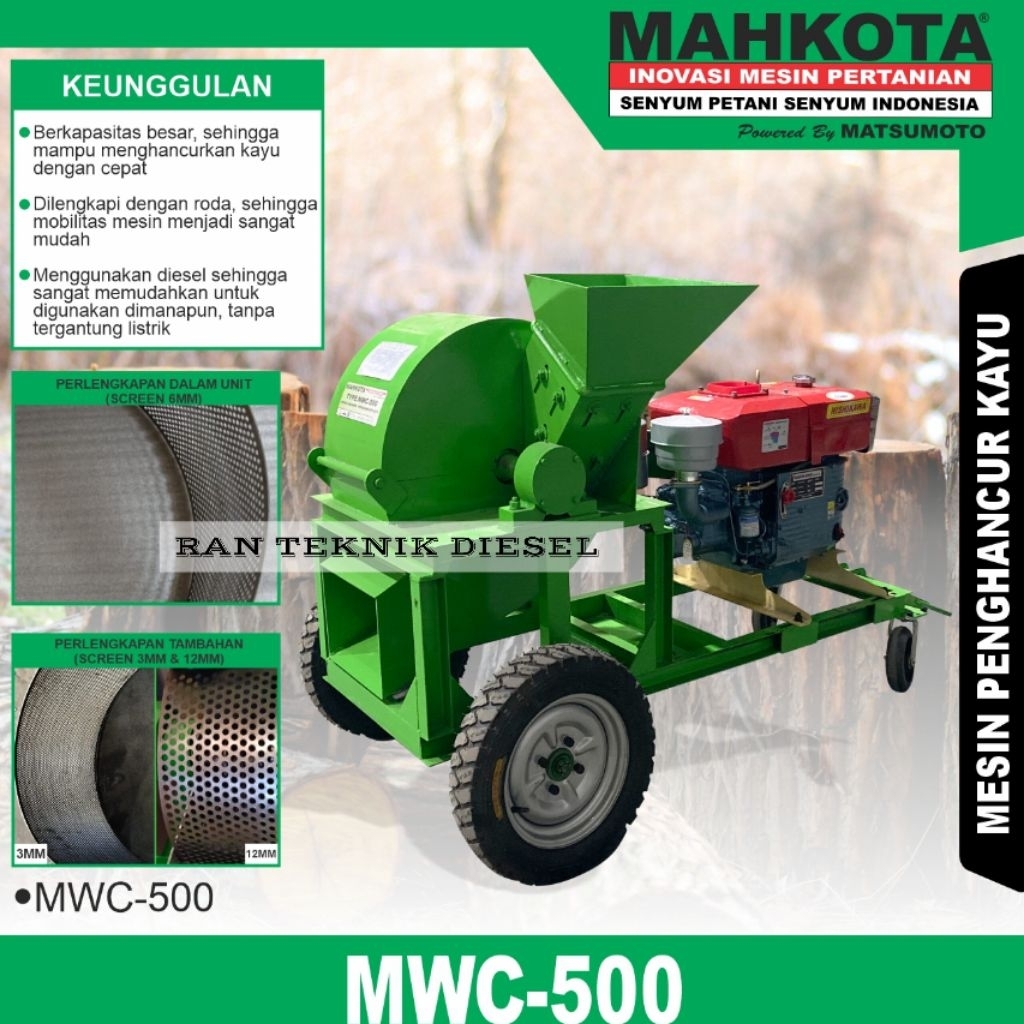 Mesin Pencacah Kayu MAHKOTA MWC 500 + Mesin Diesel 27 HP Stater