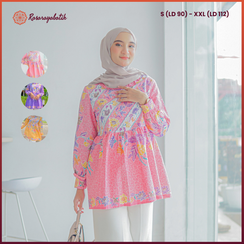 RASARAYA BATIK Ayana Blouse Wanita Katun - Atasan Batik Kerja Batik Encim Premium Pastel