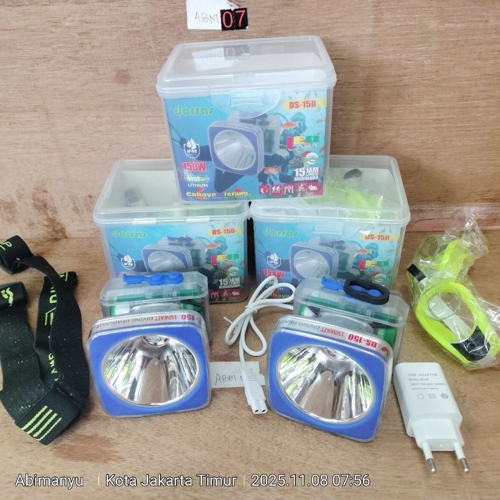 Senter kepala selam dorras  LED 150WATT DS-150 anti air IP48 2X BATERAI 18650 kapasitas 6000mAh 3 mo