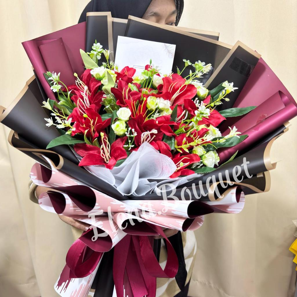 READY Buket 14 Tangkai Lily dan Mawar kecil ukuran Besar / Buket Bunga Palsu / Buket Bunga Artificia