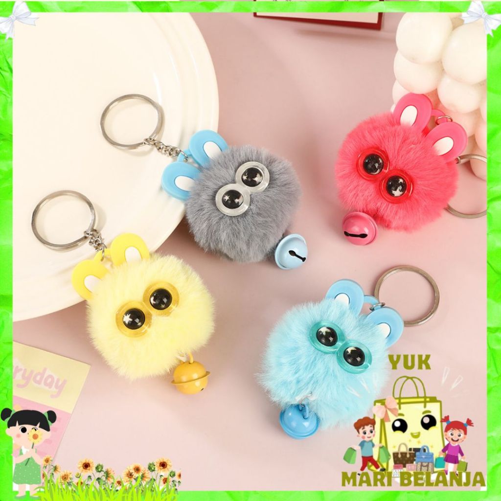 YMB Gantungan Tas Kunci Boneka Bola Bulu Bermata Besar Gantungan Kunci Kelinci Dengan Lonceng Bag Ch