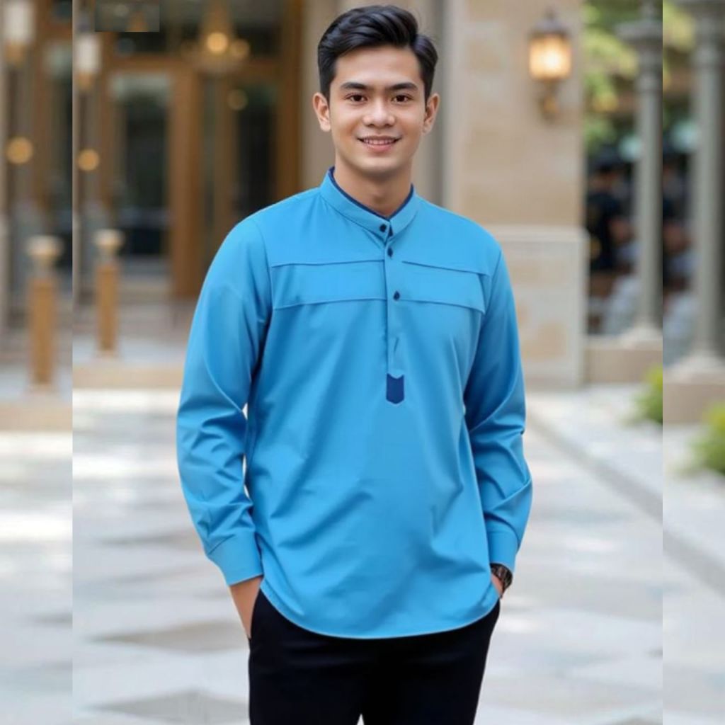 Baju Koko Pria Motif Maroko Hilwa Kemeja Koko Hadroh Lengan Panjang Atasan Muslim Pria Dewasa Denim 