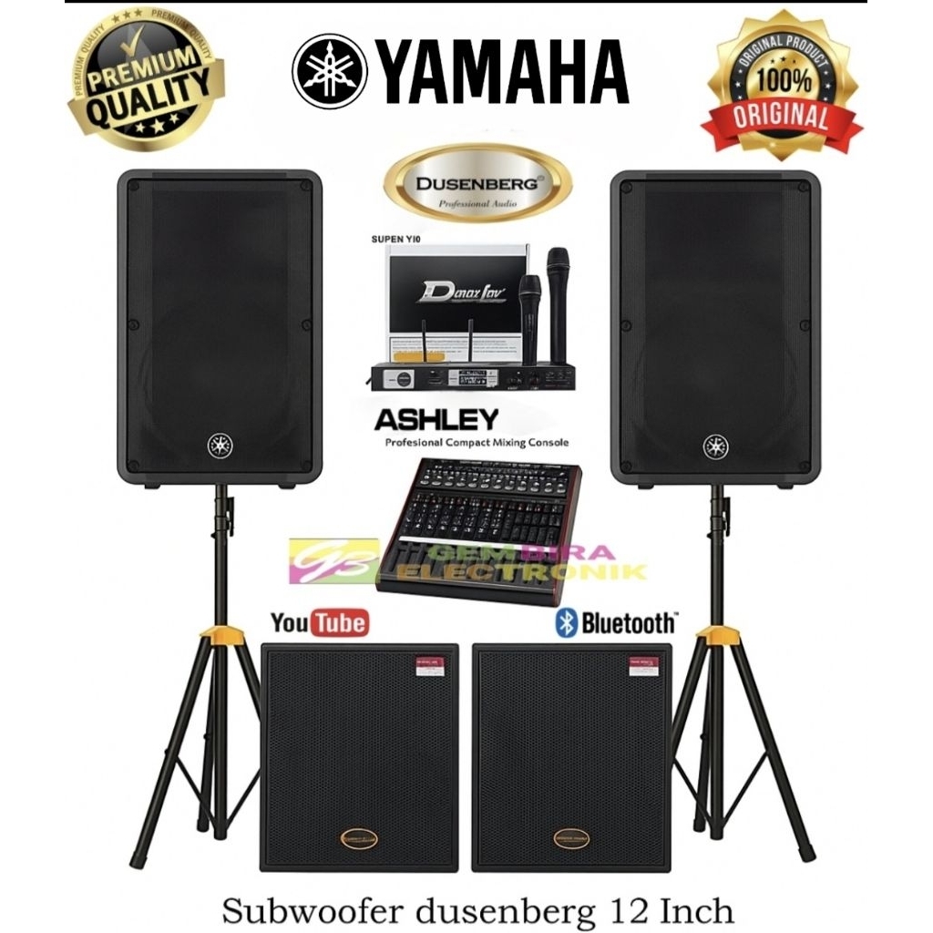 Paket Sound System Indoor Outdoor Yamaha DBR12 + Sub 12 Dusenberg + Mixer Ashley V10 + Mic Wireless 