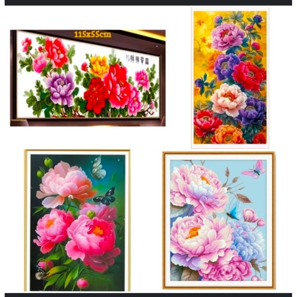 PAKET KRISTIK BUNGA PEONI POLA KAIN CROSS STITCH KIT 11CT