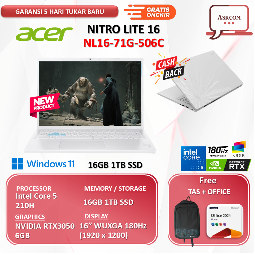 Acer Nitro Lite 16 NL16-71G-506C Intel Core 5 210H RTX3050 6GB 16GB 1TB SSD 16.0"WUXGA 180Hz